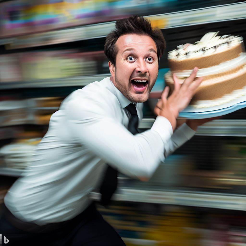 man running to grab a cake from shelf urgently